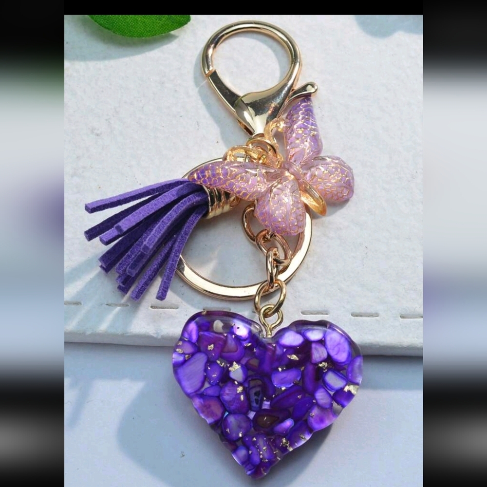 Beautiful Heart, butterfly and tassel bag charm/ Keychain New